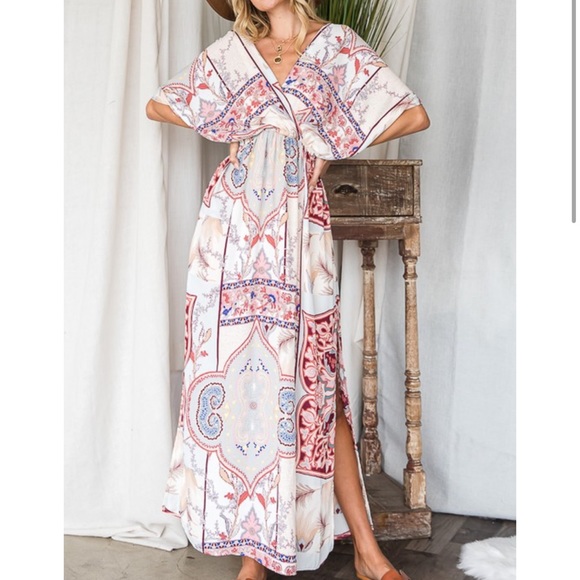 Multi Stripe Floral Print V-Neck Dolman Sleeves Maxi Dress with Side… - Picture 6 of 16